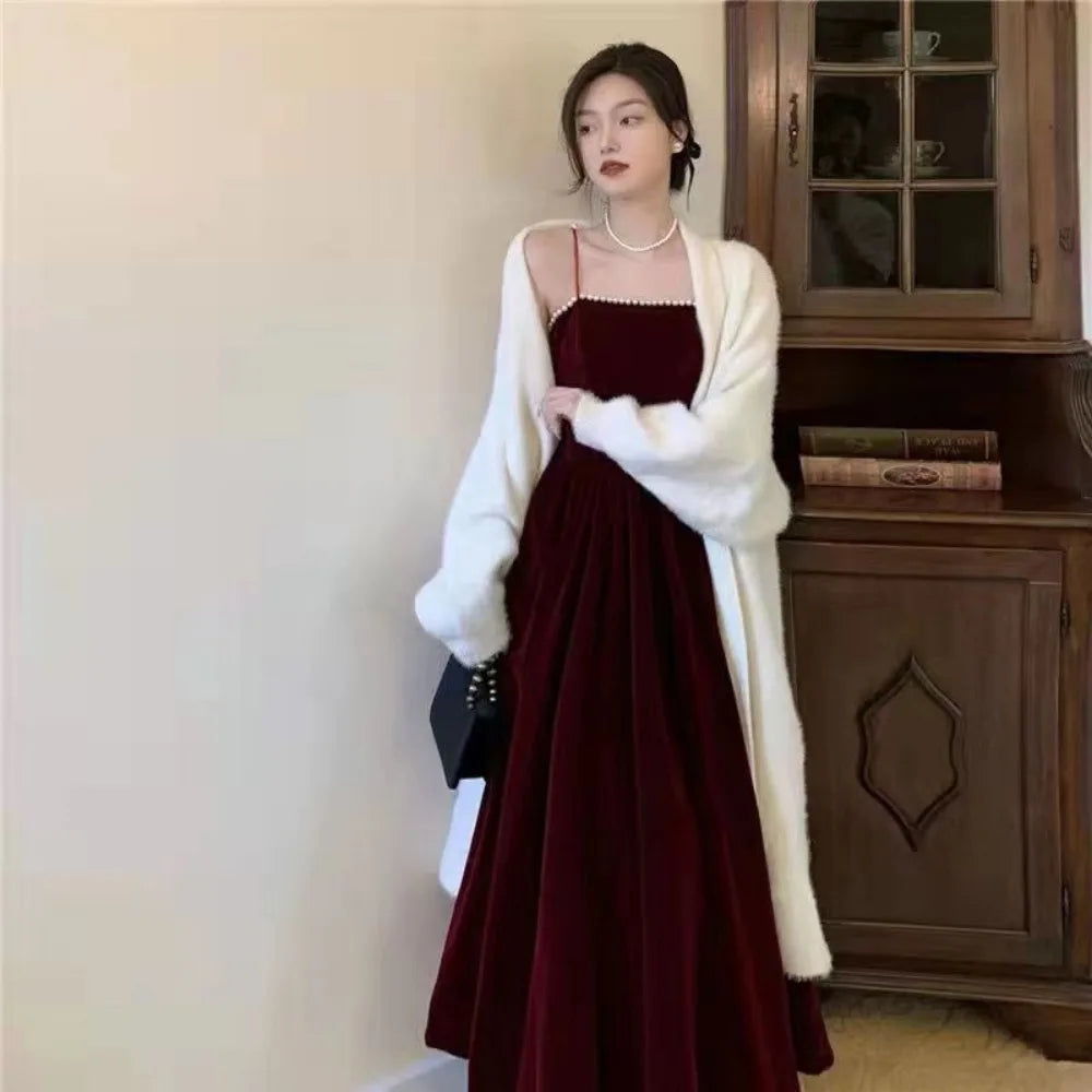 Velvet Spaghetti Strap Burgundy Midi Cocktail Dresses for Women 2025 Elegant Tea Length Prom Midi Dresses
