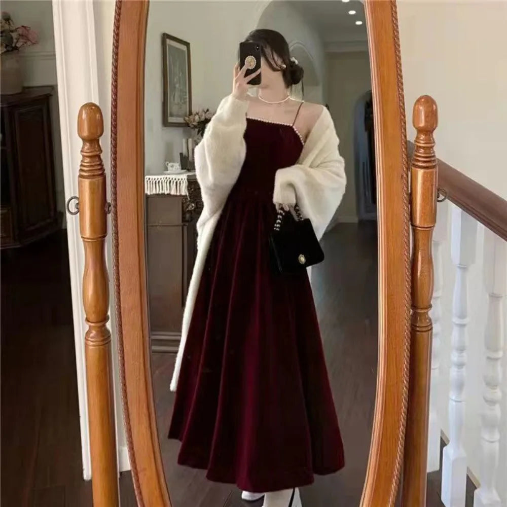 Velvet Spaghetti Strap Burgundy Midi Cocktail Dresses for Women 2025 Elegant Tea Length Prom Midi Dresses